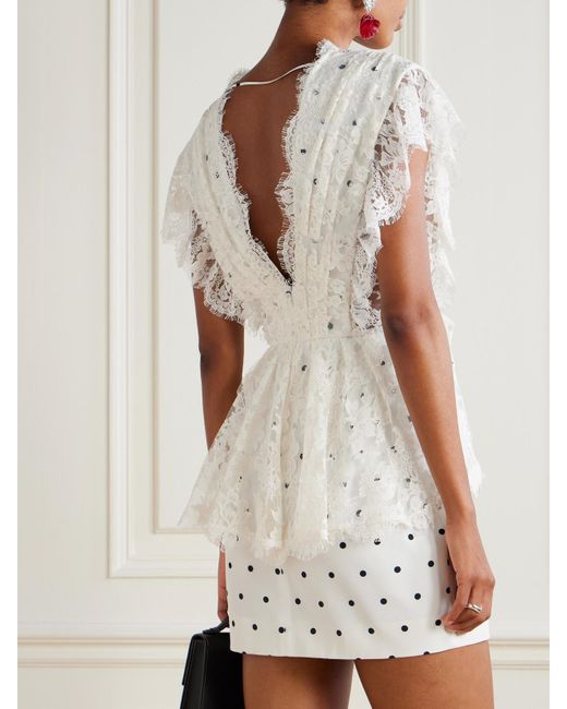 Alessandra Rich White Minikleid Aus Seidensatin Mit Polka-Dots, Spitzenbesatz Und Schleife