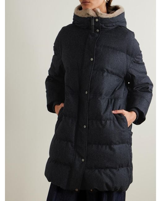 Brunello Cucinelli Black Hooded Faux Fur-Trimmed Quilted Wool Down Coat