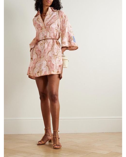 Zimmermann Pink Daylight Belted Printed Linen Mini Dress