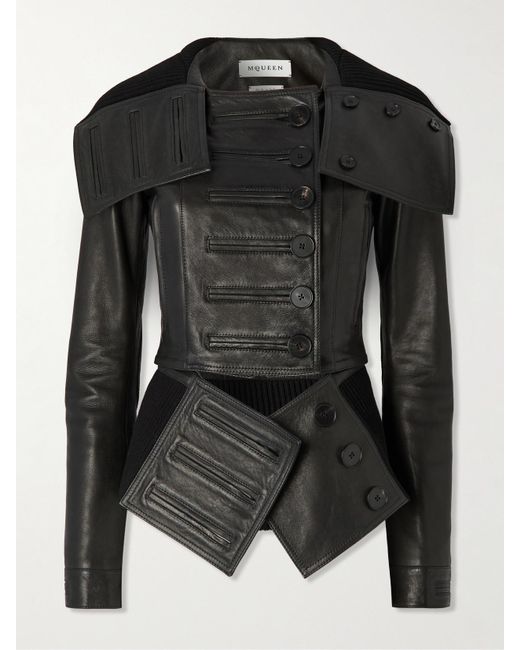 Alexander McQueen Black Jacke Aus Leder Mit Besätzen Aus Einer Gerippten Baumwollmischung