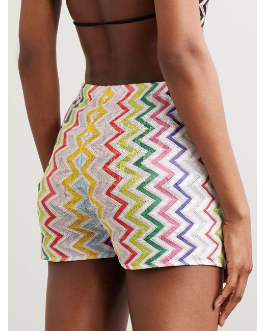 Missoni White Shorts Aus Metallic-Häkelstrick Mit Streifenmuster Und Wickeleffekt