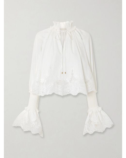 Zimmermann White Lace-Trimmed Shirred Cotton Blouse
