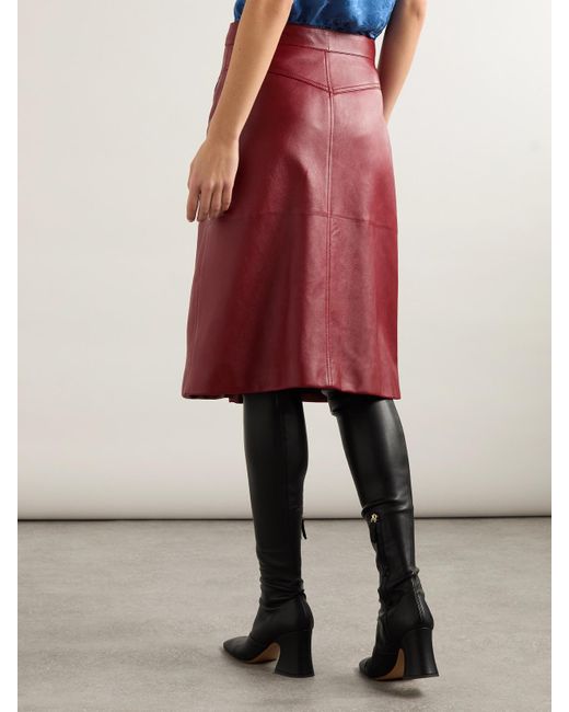 Chloé Red Pleated Paneled Leather Midi Skirt