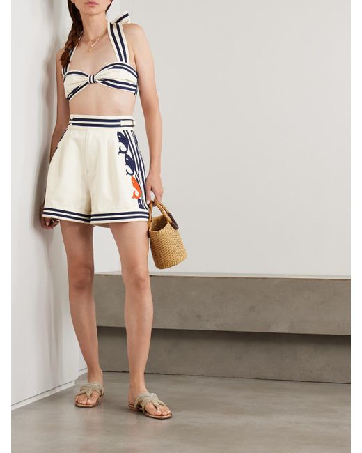 ALÉMAIS White Marine Shorts Aus Biobaumwolle Mit Falten, Streifen Und Stickerei
