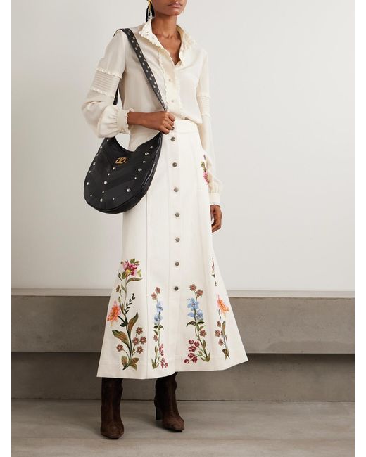 Valentino Garavani Natural Sequin-Embellished Embroidered Denim Maxi Skirt