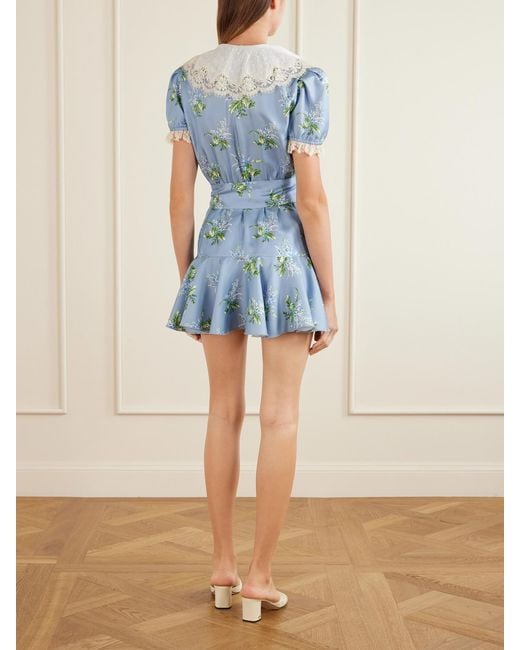 Rodarte Blue Ruffled Lace-Trimmed Floral-Print Silk-Twill Mini Dress
