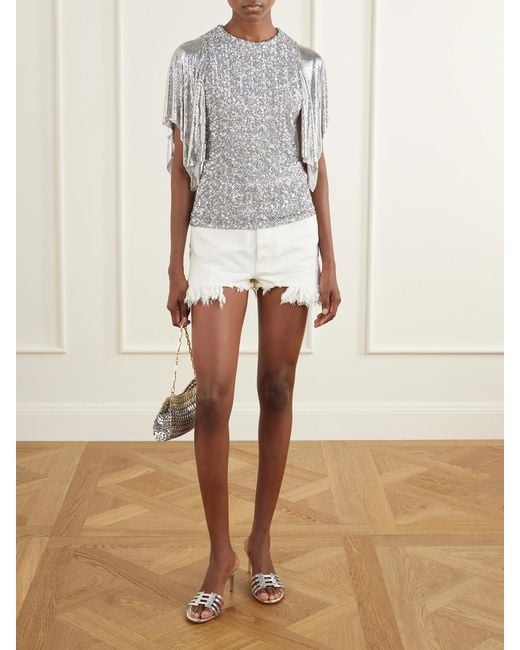 Rabanne Gray Chainmail-Trimmed Sequined Mesh Blouse