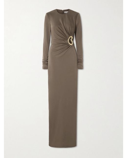 Rebecca Vallance Natural Mischa Embellished Gathered Stretch-Jersey Gown
