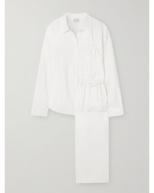 Deiji Studios White Tie-Detailed Linen Pajama Set