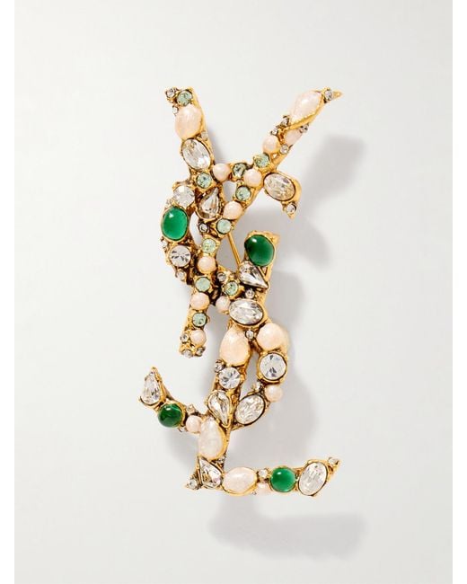 Saint Laurent White Cassandre Embellished-Tone Brooch