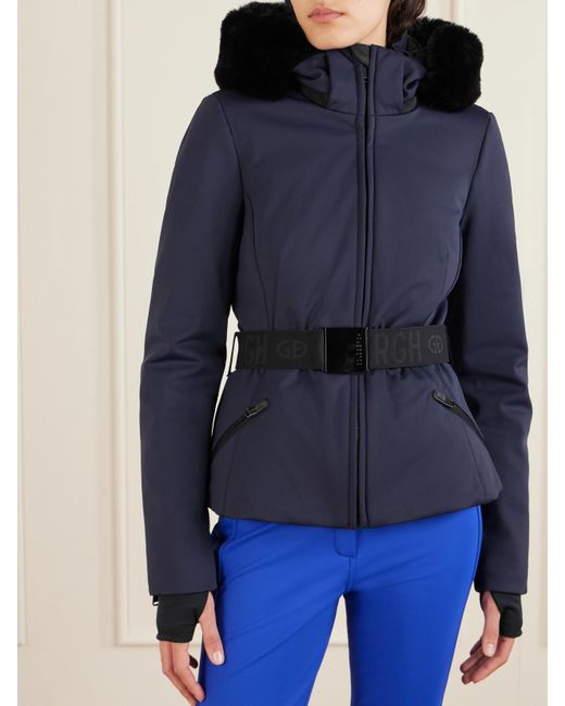 Goldbergh Blue Hida Hooded Belted Plush-Trimmed Padded Down Ski Jacket