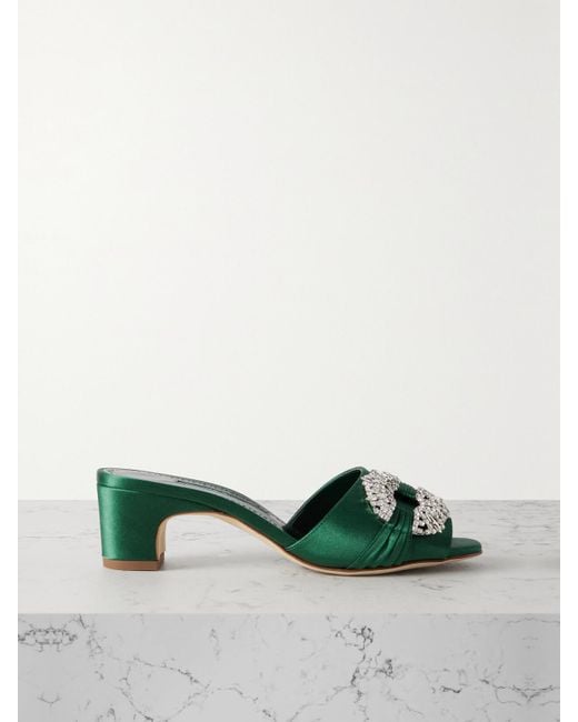 Manolo Blahnik Green Prinap 50 Mules Aus Satin Mit Kristallen Und Raffungen