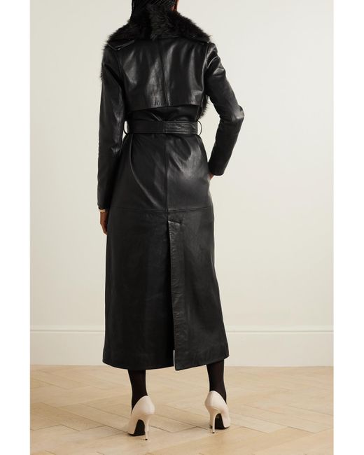 Nour Hammour Black Dakota Belted Shearling-Trimmed Leather Coat