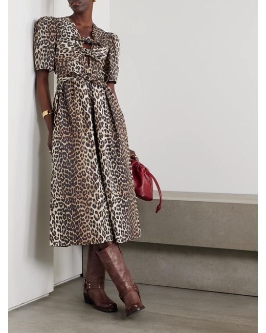 Ganni Multicolor Belted Bow-Embellished Leopard-Print Cotton-Poplin Midi Dress
