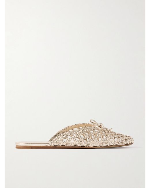 Le Monde Beryl Natural Regency Bow-Embellished Woven Metallic Leather Slides