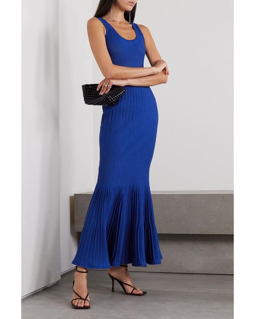 Givenchy Blue Fluted Ribbed-Knit Maxi Dress