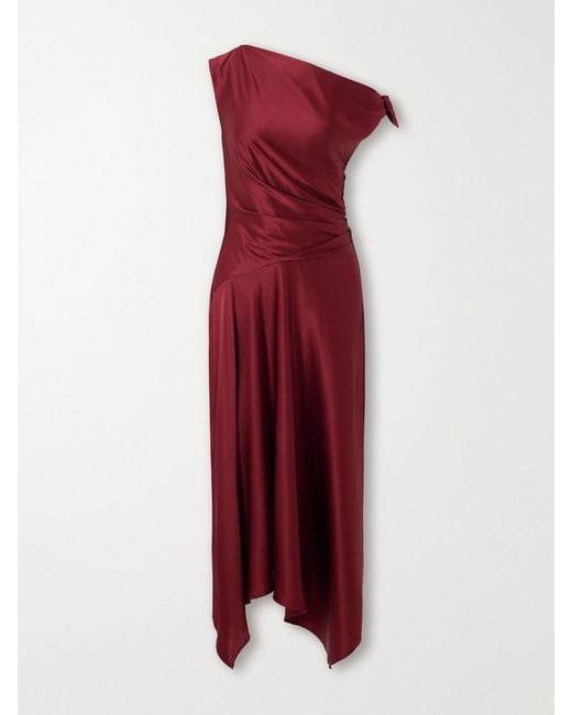 Staud Red Portia Tie-Detailed Draped Silk-Satin Dress