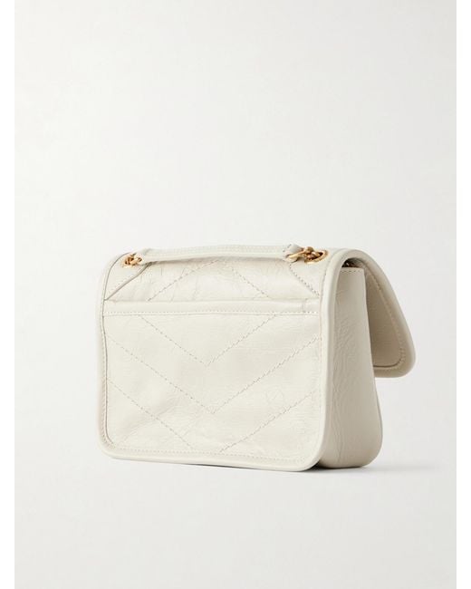Saint Laurent Natural Niki Mini Cassandre-Embellished Crinkled-Leather Shoulder Bag