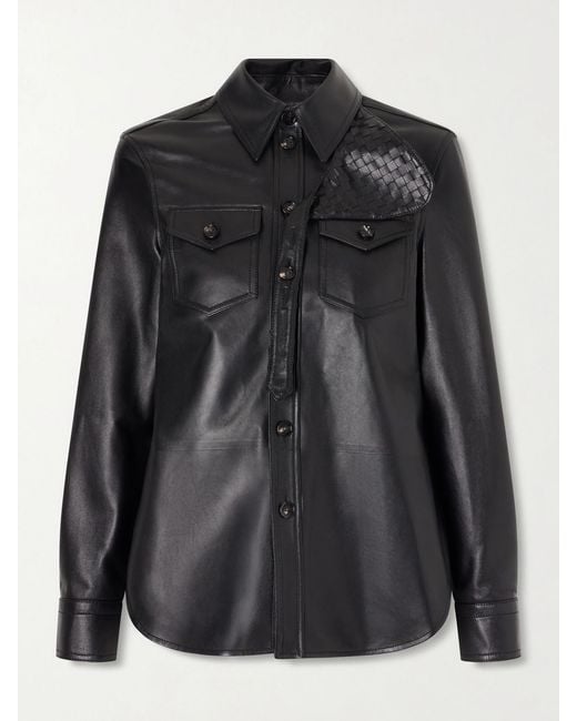 Bottega Veneta Black Intrecciato-Trimmed Leather Shirt