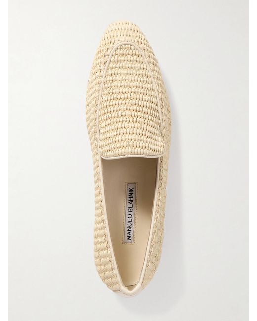 Manolo Blahnik Natural Pitakara Leather-Trimmed Raffia Loafers