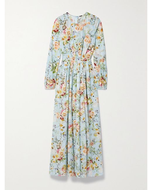 Adam Lippes Blue Pleated Floral-Print Cotton-Voile Maxi Dress