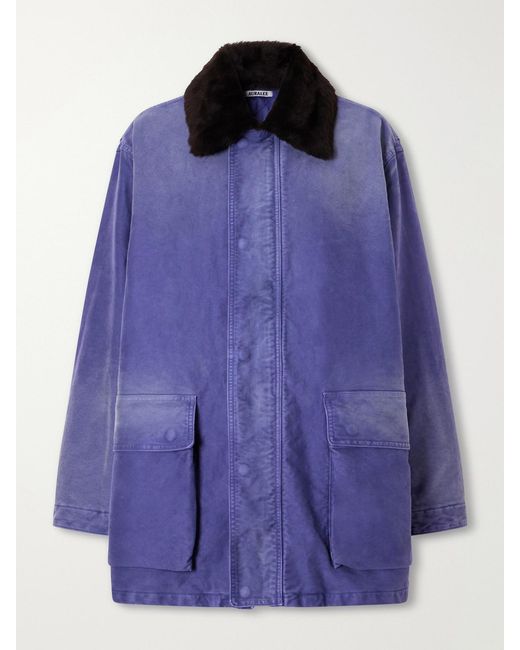 Auralee Purple Garment-Dyed Padded Shearling-Trimmed Cotton-Moleskin Jacket