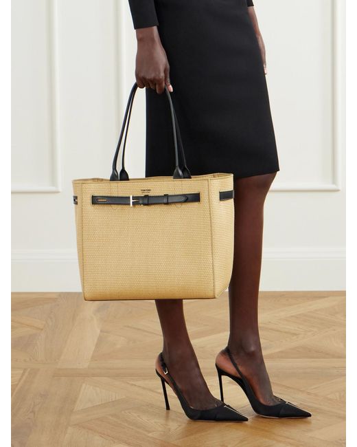 Tom Ford Natural Audrey Logo-Print Leather-Trimmed Raffia Tote