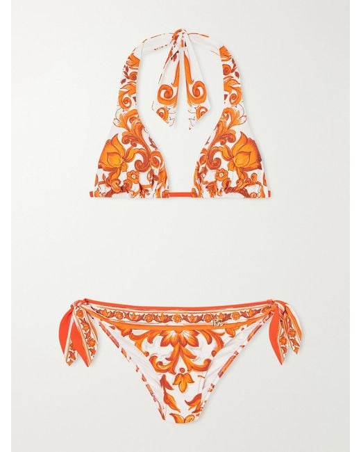 Dolce & Gabbana Gray Maiolica Knotted Printed Halterneck Bikini