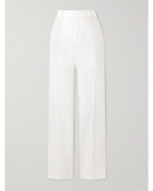 Polo Ralph Lauren White Pleated Linen Straight-Leg Pants