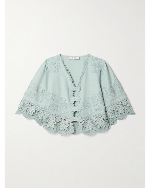 Sea Blue Iyla Cropped Embroidered Broderie Anglaise Cotton And Linen-Blend Top