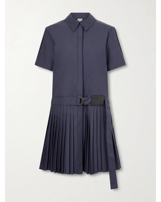 Loewe Blue Belted Pleated Cotton-Blend Mini Shirt Dress