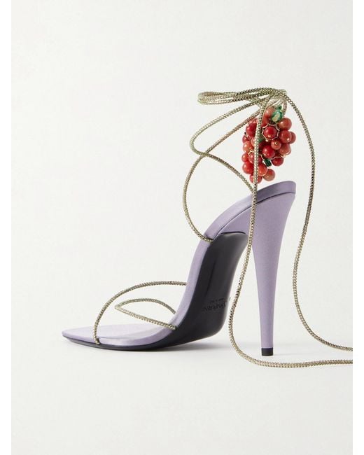 Saint Laurent White Suede-Trimmed Embellished Satin Sandals