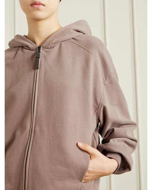 Brunello Cucinelli Brown Bead-Embellished Cotton-Jersey Zip-Up Hoodie