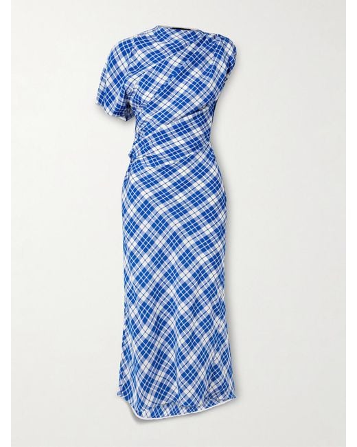 Proenza Schouler Blue Hallie Ruched Checked Twill Midi Dress