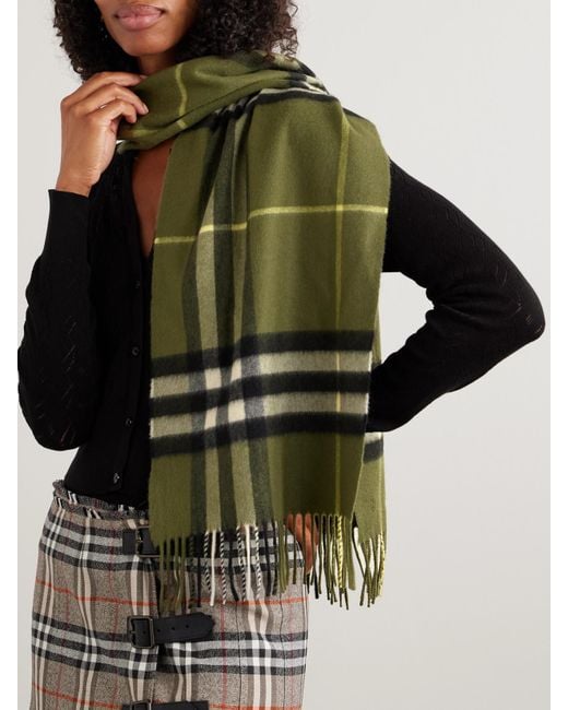 Burberry Green Fringed Checked Cashmere Scarf