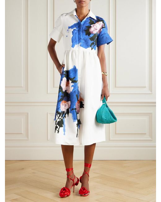 Erdem Blue Gathered Floral-Print Cotton-Blend Faille Midi Dress