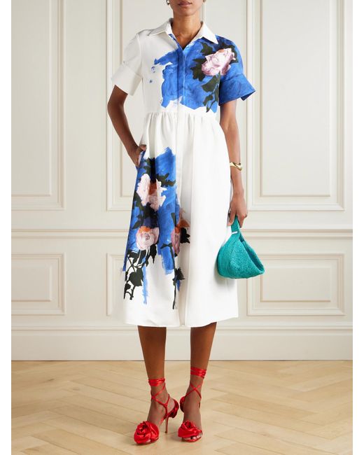 Erdem Blue Gathered Floral-Print Cotton-Blend Faille Midi Dress