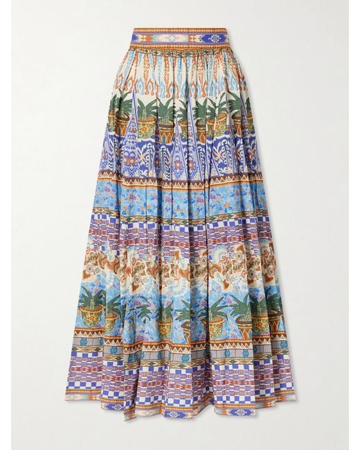 Emporio Sirenuse White Ombretta Pleated Printed Cotton Midi Skirt