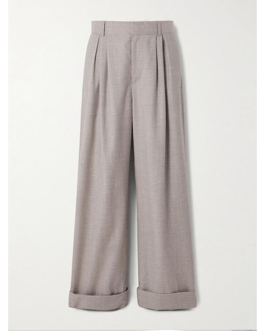 Loulou de Saison Gray Davy Pleated Mélange Wool And Silk-Blend Dupioni Wide-Leg Pants