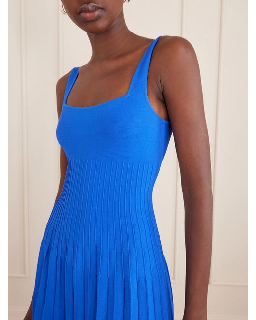 Staud Blue Ellison Pleated Knitted Stretch-Jersey Midi Dress