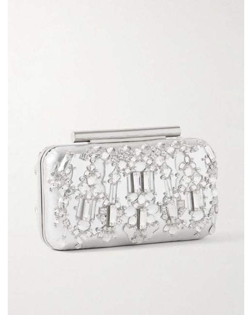 Alexander McQueen Gray T-Bar Crystal-Embellished Metallic Leather Clutch