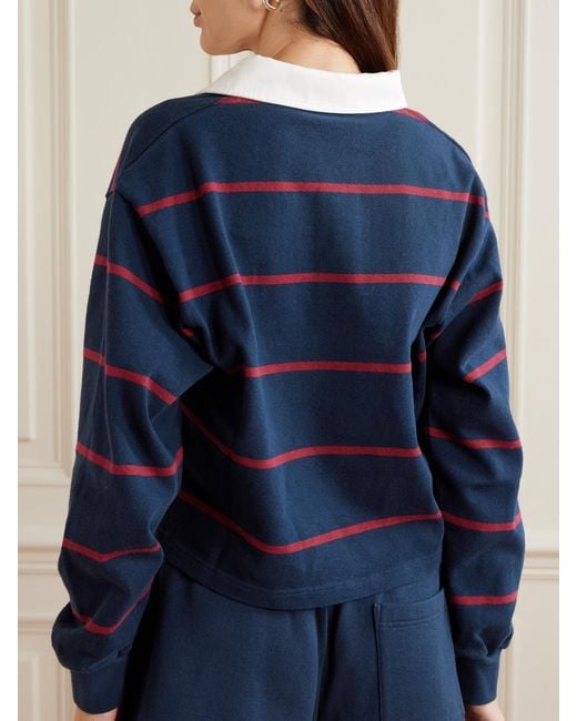 Sporty & Rich Blue Embroidered Striped Cotton Polo Shirt