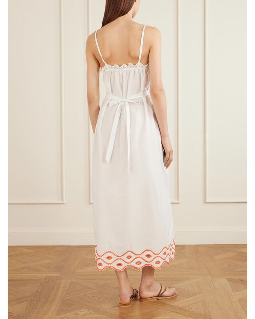 Loretta Caponi White Bianca Ruffled Emrboidered Shirred Cotton-Poplin Midi Dress