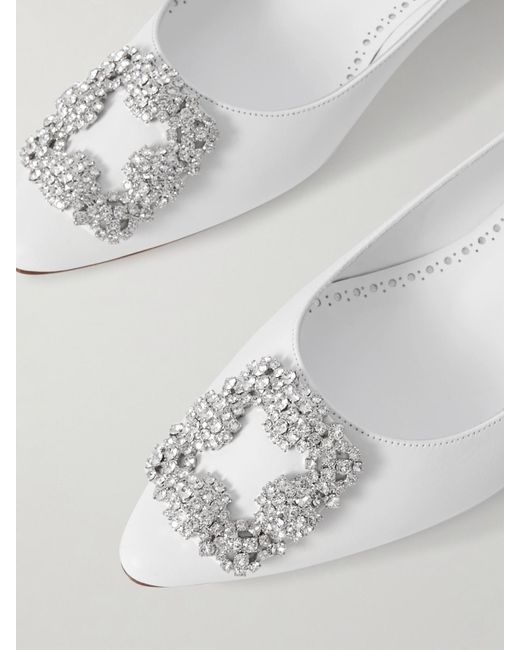 Manolo Blahnik Natural Hangisi 10 Crystal-Embellished Leather Point-Toe Flats