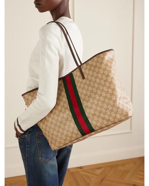 Gucci Natural Tribeca Leather-Trimmed Coated Canvas-Jacquard Tote