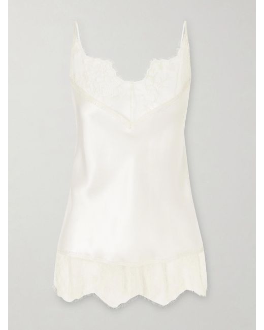 Carine Gilson White Lace-Trimmed Silk-Satin Camisole