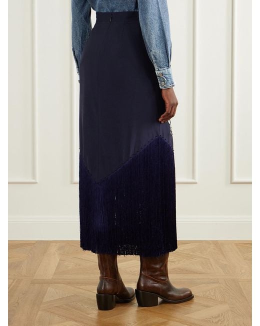 ALÉMAIS Blue Dillon Crystal And Bead-Embellished Fringed Appliquéd Satin Midi Skirt