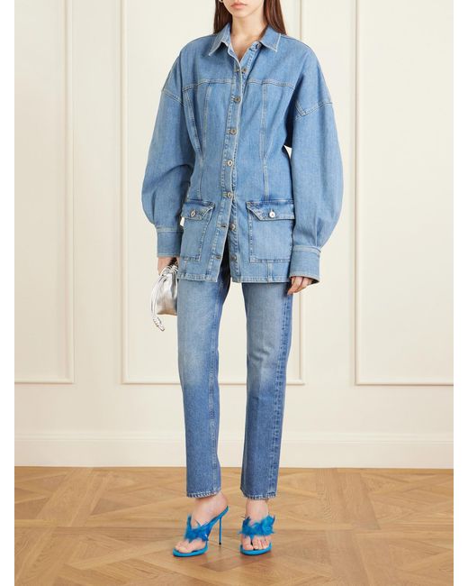 Paris Texas Blue Lidia 105 Feather-Trimmed Satin Mules