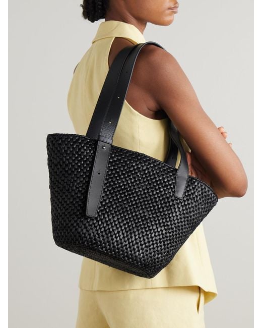 LIE STUDIO Black The Bianca Small Leather-Trimmed Raffia Tote