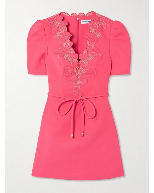 Rebecca Vallance Pink Lulu Belted Lace-Trimmed Cady Mini Dress